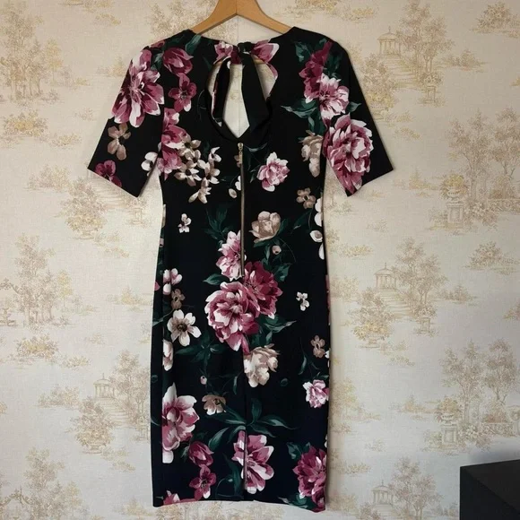 Y2k Premier Amour black rose floral semiformal cutout sheath midi cocktail dress - Picture 2 of 8